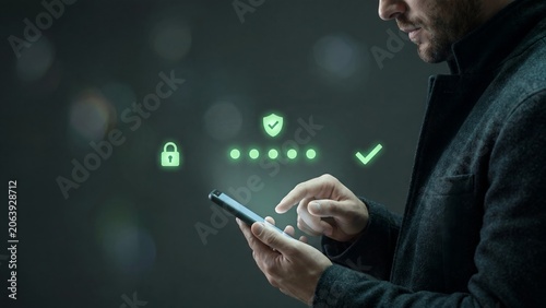 Man typing secure password on mobile phone with glowing green padlock, shield and tick icons representing two factor authentication, login security and privacy protection concept