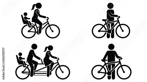 Black and white vector illustration showing stick figures riding bicycles and tandem bikes with children