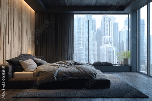 Modern bedroom with city view and textured wall.