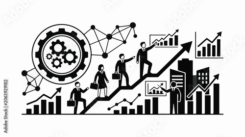 A black and white graphic depicting business professionals ascending a staircase with graphs