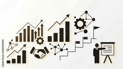 A black and white infographic depicting business and growth concepts