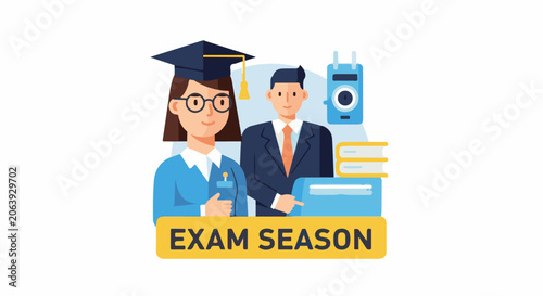 A cartoon graphic of a graduate and a businessman with books and a camera
