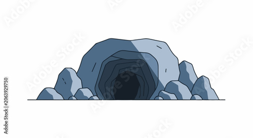 A cartoonish illustration of a large cave entrance surrounded by rocks