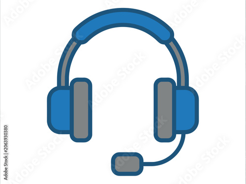 Blue and gray headset icon with microphone for communication and support.