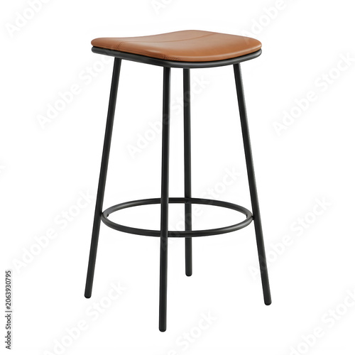 Modern bar stool with brown leather seat and black metal legs