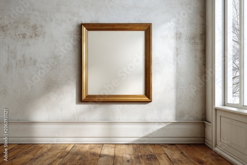 Empty gold framed picture hangs on a textured wall near a window.