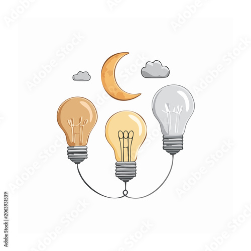 Illustration of light bulbs and crescent moon with clouds