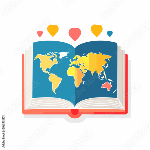 Open Book with World Map and Hearts