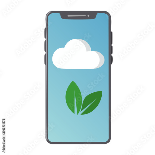 Smartphone with cloud and green leaves illustration