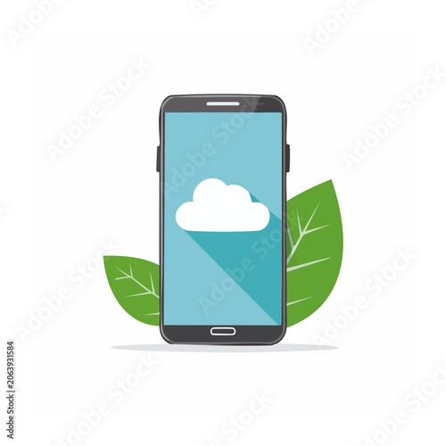 Smartphone with cloud icon and green leaves illustration