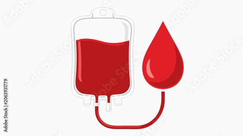 Medical blood donation bag with a red drop symbol. Flat vector illustration of a plastic IV container for transfusion. Concept for charity, healthcare, blood drive, and emergency medicine.