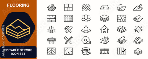 Flooring web icons in line style. Parquet wood planks, tile surface, deck boards, interior material, vinyl pattern, house renovation. Editable stroke. Vector illustration.