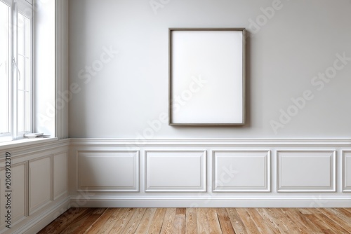 Neutral room interior with framed artwork and natural light from window.
