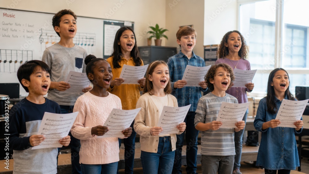 Fototapeta premium Multicultural classroom with diverse children singing together, holding music sheets, in a bright music room with instruments and educational materials visible