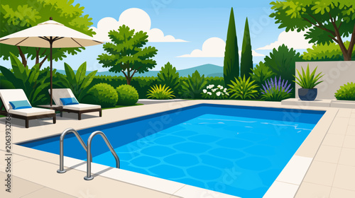 Modern stainless steel swimming pool metal ladder with steps leading into refreshing blue water icon, minimalist flat vector illustration for leisure, summer vacation, and aquatic sports design.
