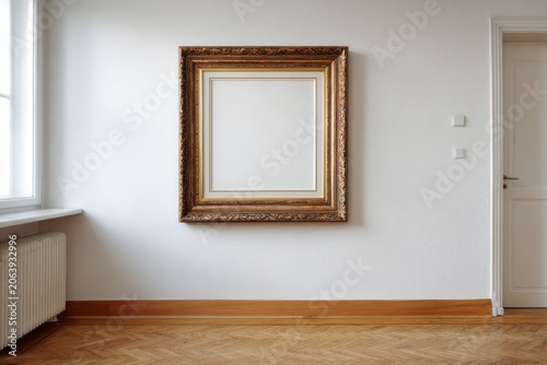 Empty golden frame hangs on a white wall next to a window and door.