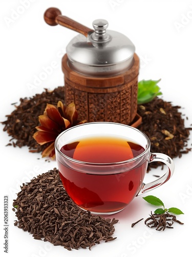  Savor the rich warmth of nature with this impeccably styled tea composition. Featuring a crystal-clear glass cup that beautifully showcases a deep, amber-toned brew, surrounded by a mountain