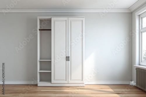 White wardrobe with open section stands on a wooden floor.