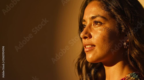 Woman profile with glitter on cheek under changing color lighting. Portrait of young female model in studio with dynamic red and yellow illuminating sequence