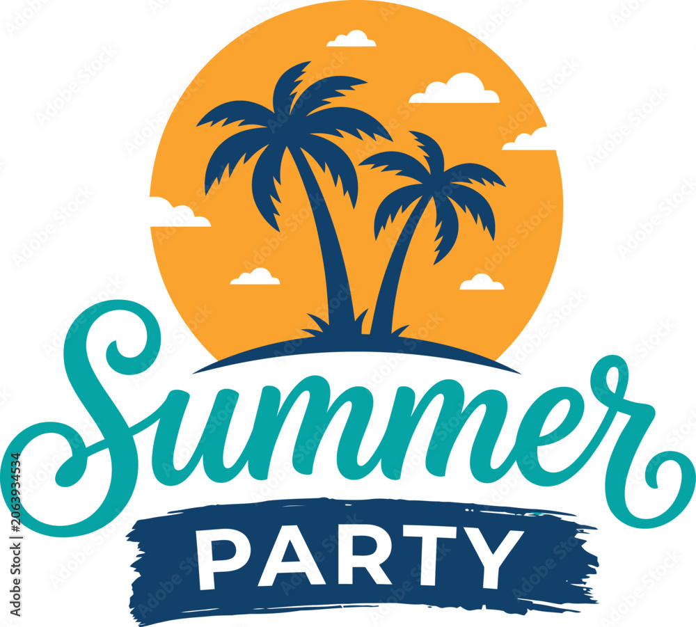 Obraz premium Summer party vector logo design with palm trees and sunset sun over blue ocean background.