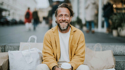 Young man sitting on store steps with plain shopping bags no logos relaxed posture coffee cup nearby wrinkled receipt on one bag street background and passersby defocused