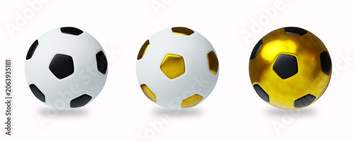 Three soccer balls in black white and gold on white background for championship tournament
