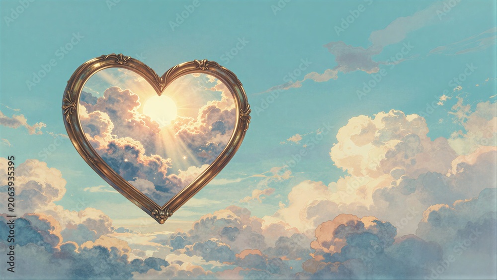 Obraz premium Golden heart frame holds sunlit clouds against a serene blue sky.