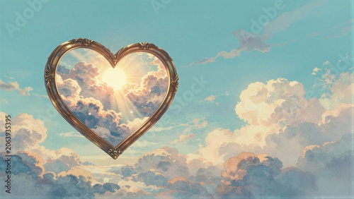 Golden heart frame holds sunlit clouds against a serene blue sky.