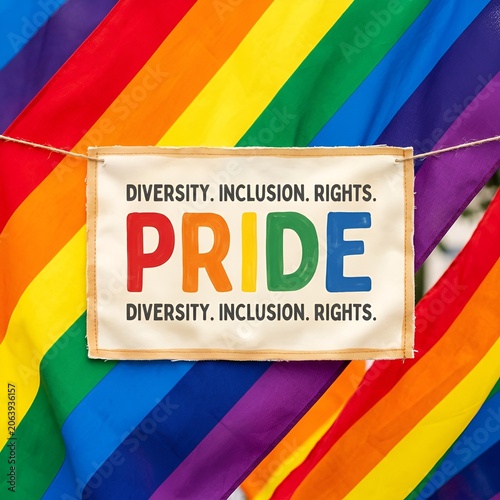 Pride Flag with Diversity, Inclusion, Rights Message - LGBTQ+ Symbol