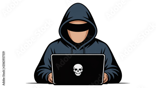 Canvastavla Person in hoodie using laptop with skull sticker in dim lighting Vector
