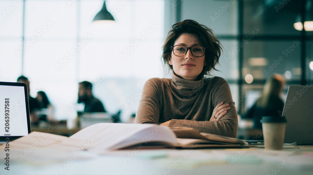 Fototapeta premium Female office worker sitting at a desk with paper documents open planner laptop with blank screen and reusable cup organizing tasks for a business event sticky notes placed