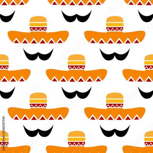 Seamless pattern with sombrero hat and mustache