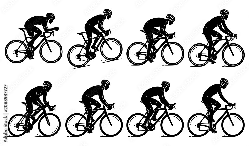 Obraz premium Dynamic Cycling Man Silhouette Vector Set with Road Bike Racing and Sport Bicycle Action Poses Isolated on White Background