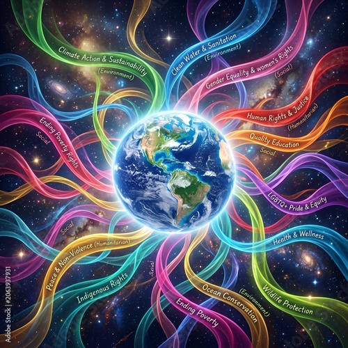 Global Goals, Diverse Connections: Earth with Colorful Ribbons of SDGs