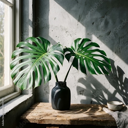 Monstera Leaves in Black Vase on Rustic Table with Window Light