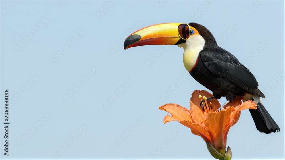 Fototapeta premium Vibrant toucan perches gracefully on an orange flower against a soft blue sky.
