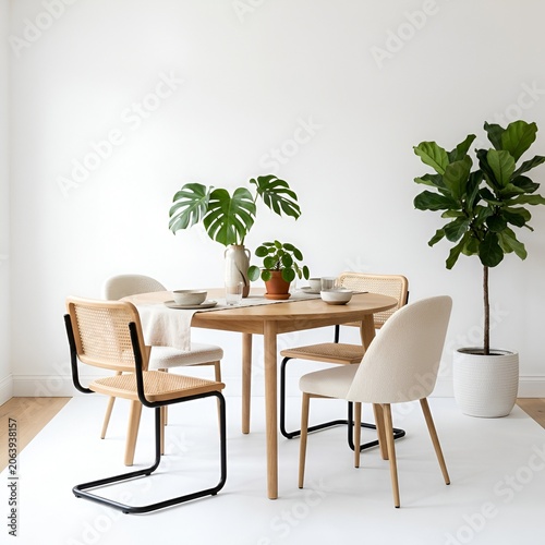 Modern Dining Room Set with Natural Wood Table and Wicker Chairs