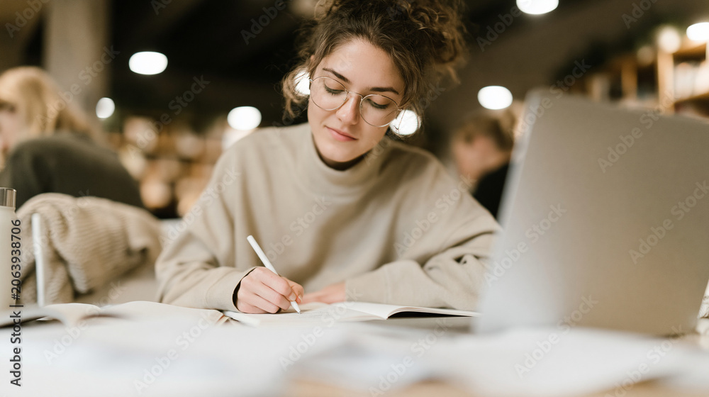 Naklejka premium Young woman filling out a questionnaire at a study table pen in hand notebook laptop with blank screen uneven papers reusable bottle sweater on chair soft indoor light