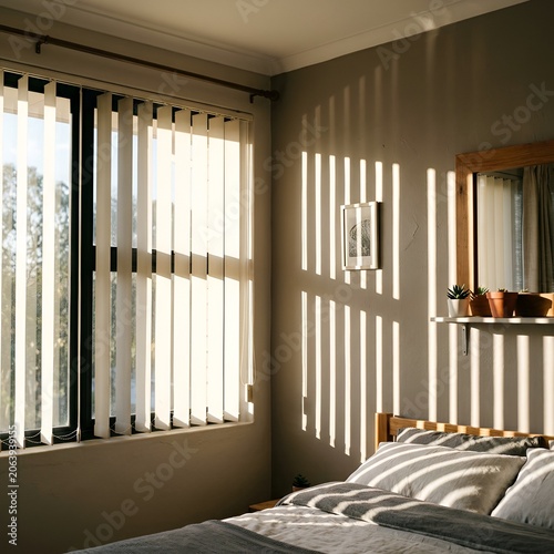 Morning Sunlight Streaks Through Vertical Blinds onto a Cozy Bed