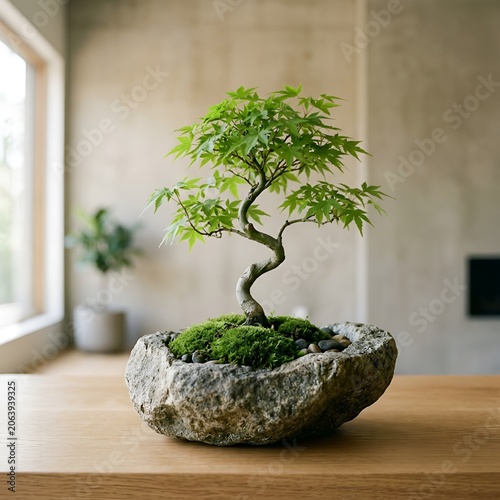 Zen Bonsai Tree in Stone Pot with Moss on Wooden Table