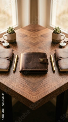 Brown Leather Wallet and Notebooks on a Wooden Desk.