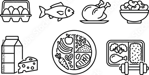 Obraz na plátně Healthy protein and balanced meal prep line icon set featuring eggs fish chicken