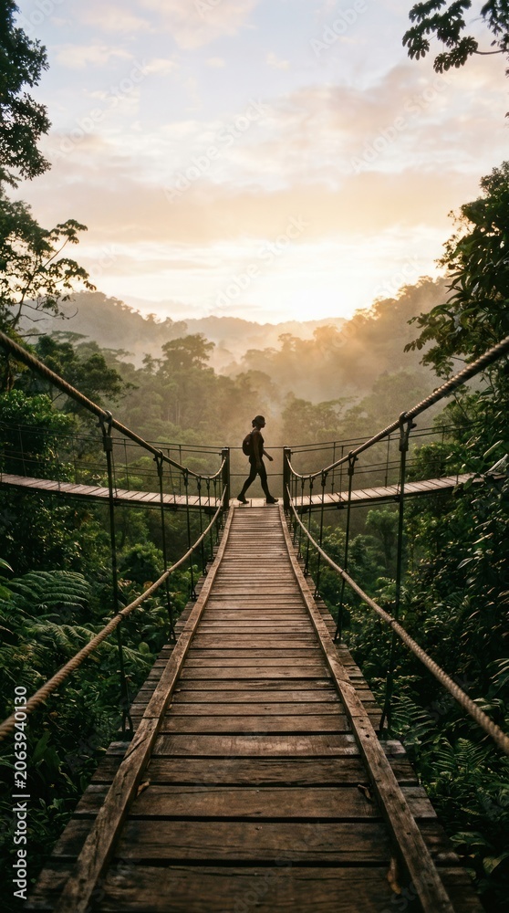 Fototapeta premium Man walking on a wooden suspension bridge in a lush green forest at sunrise.