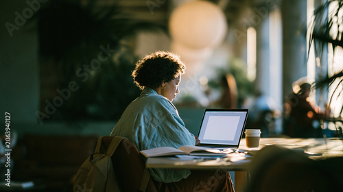 Freelancer working remotely on a laptop in a calm shared interior blank screen open notebook reusable cup slightly untidy table backpack under chair plants and other workers