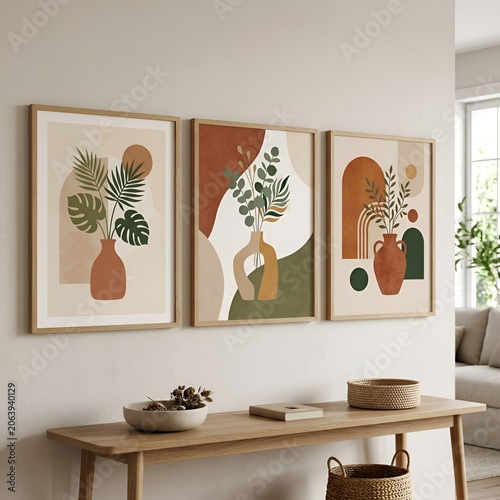 Bohemian Abstract Art: Trio of Botanical Vases with Geometric Shapes
