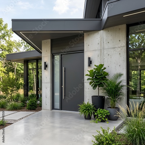 Modern Concrete House Entrance with Landscaping and Contemporary Door