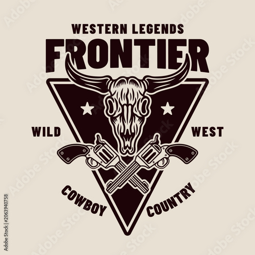 Принти на полотні Detailed wild west badge featuring bull skull and two crossed revolvers, monochr