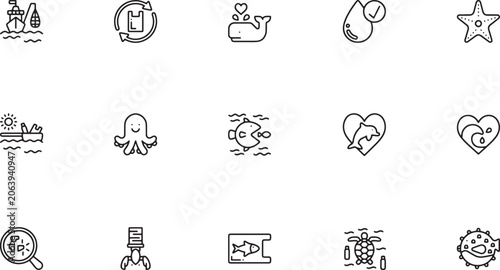 Photos Marine life, ocean animals, and miscellaneous outline vector icon set