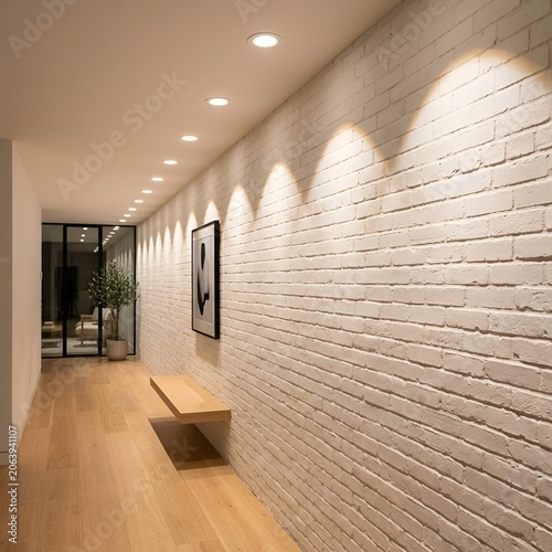 Modern Hallway with White Brick Wall, Wooden Floor, and Recessed Lighting