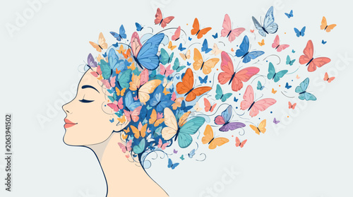 Conceptual Illustration of a Human Head Profile Filled with Flying Butterflies Symbolizing Freedom of Thought and Creativity, Abstract Flat Vector Graphic of Mental Wellness and Imagination.